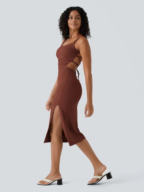 HALARA Dresses & Skirts - ☀️ Halara Ruched Lace Up Backless Split Bodycon Midi Dress M
